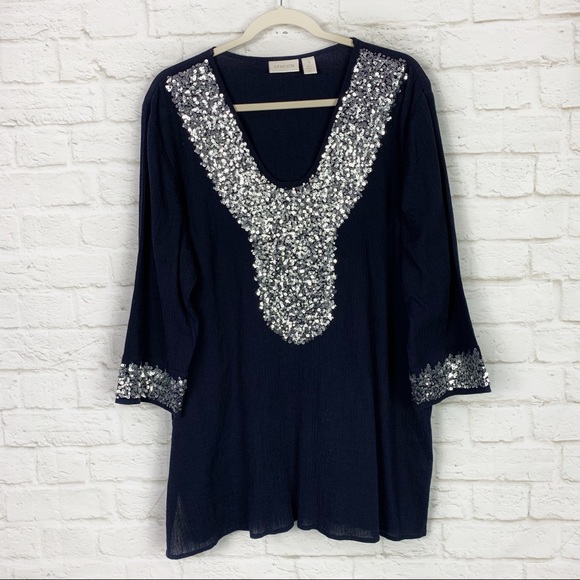 Chico's Tops - Chicos Sequin Embellished Bling Navy Tunic Top XL